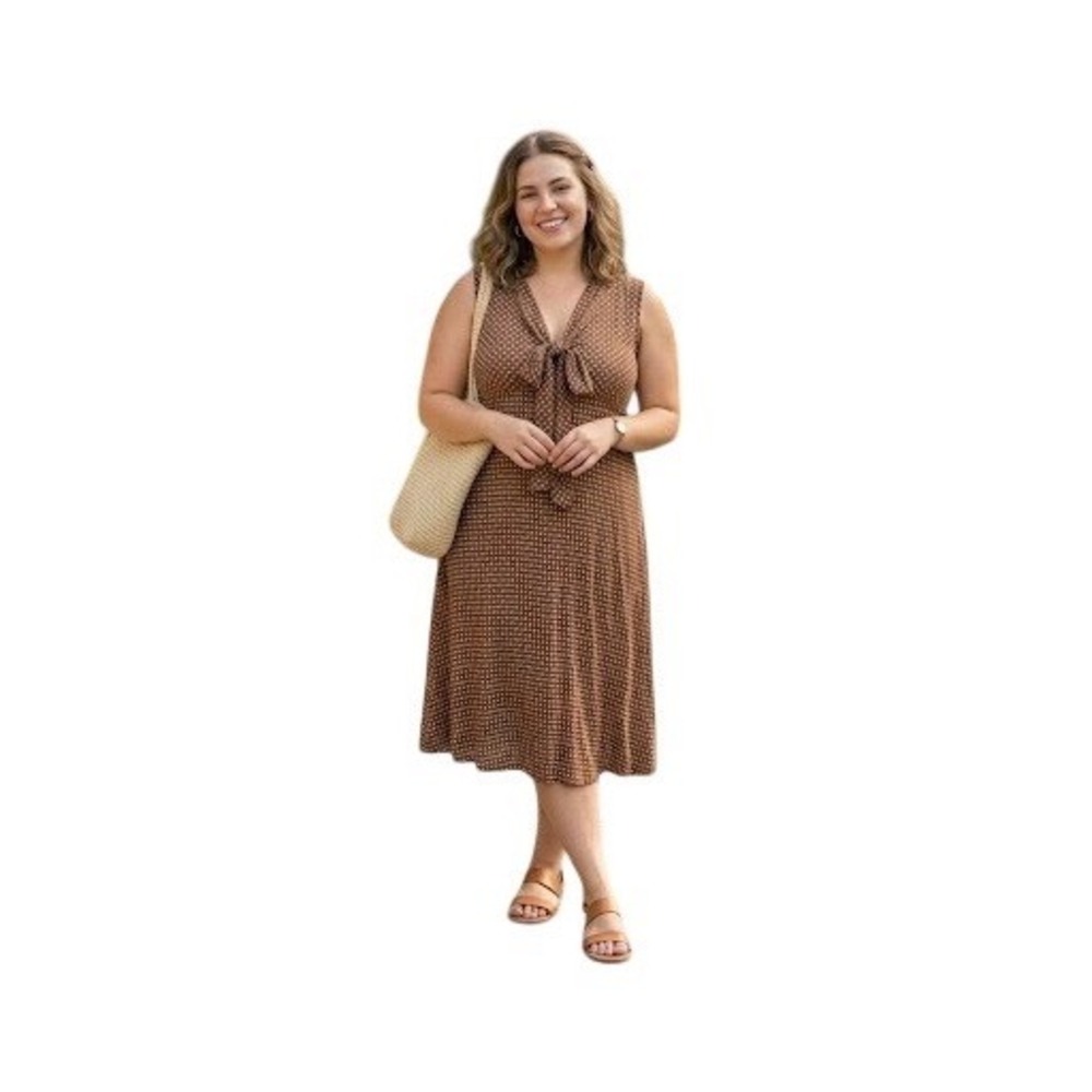 R&K Originals Woman Brown Geometric Print Tie Front Midi Dress Plus Size 18W NWT